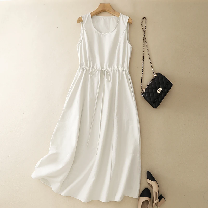 Summer New Drawstring Dress Women's Artistic Waist Cinching Slimming Sleeveless Large Swing Long Dress Commute Style Casual