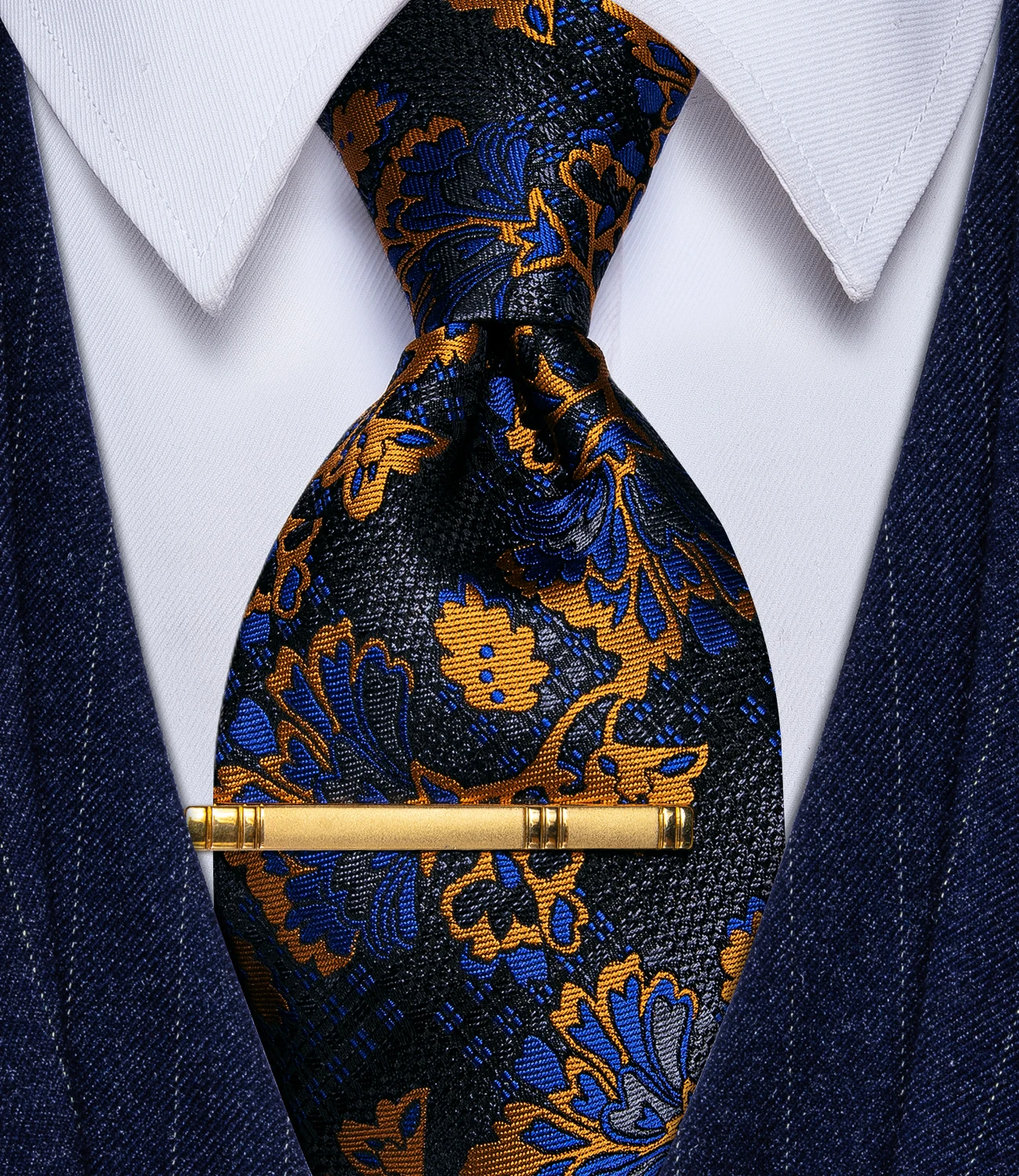 Corbata de seda de cachemir para hombre, conjunto de corbata de lujo con estampado Floral, dorado y azul, con Clip, a la moda, regalo de vacaciones