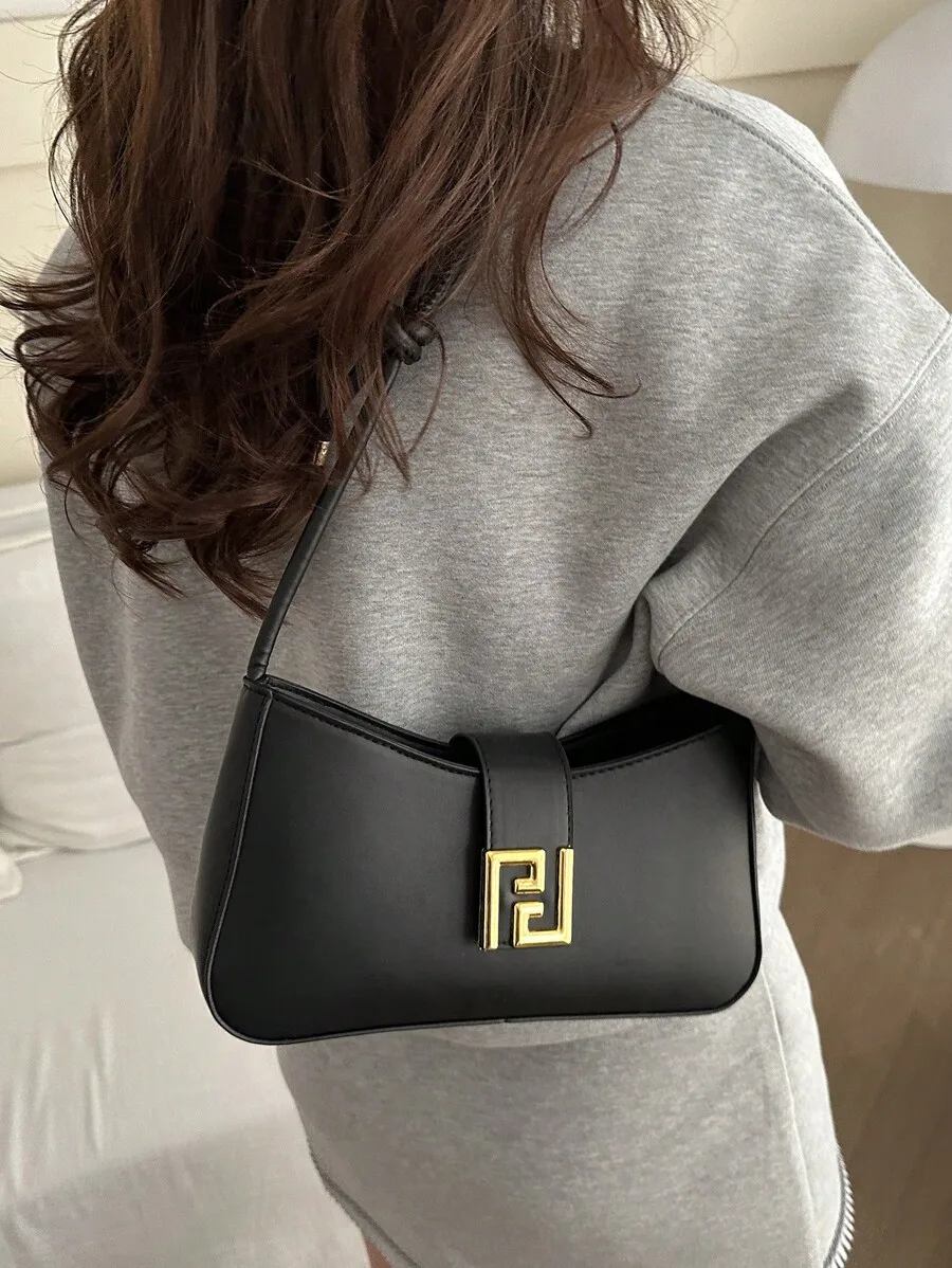 

Black Structured Mini Shoulder Bag with Gold-tone Geometric Clasp