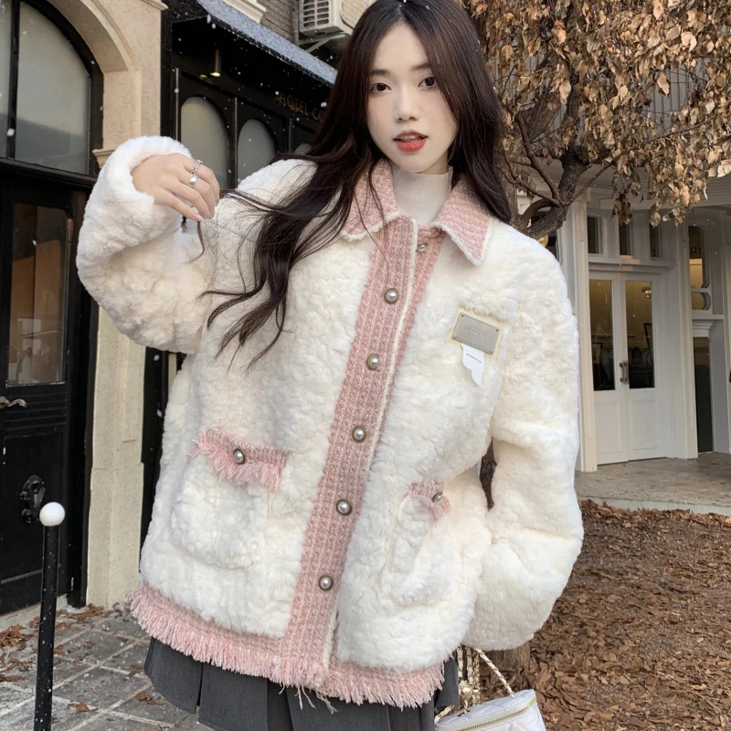 Spring 2023 New Wool Splicing Lambswool Coat Women\'s Fur One Lamb Jacket Female Elegant Clothes Single-Breasted Outerwears Tops