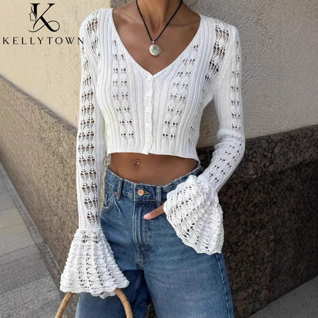 

Sexy White Cardigans Women White Top Women Flare Sleeve Lightweight Sweater Autumn Winter V Neck Button Up Knitting Crop Top Y2k
