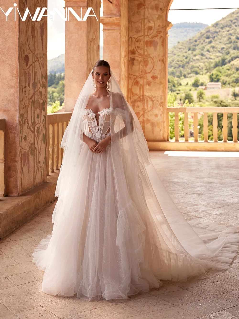 

Charming Glitter 3D Flower A-line Long Wedding Dress Graceful Off Shoulder Bridal Gown Customized Backless Dresses For Bride