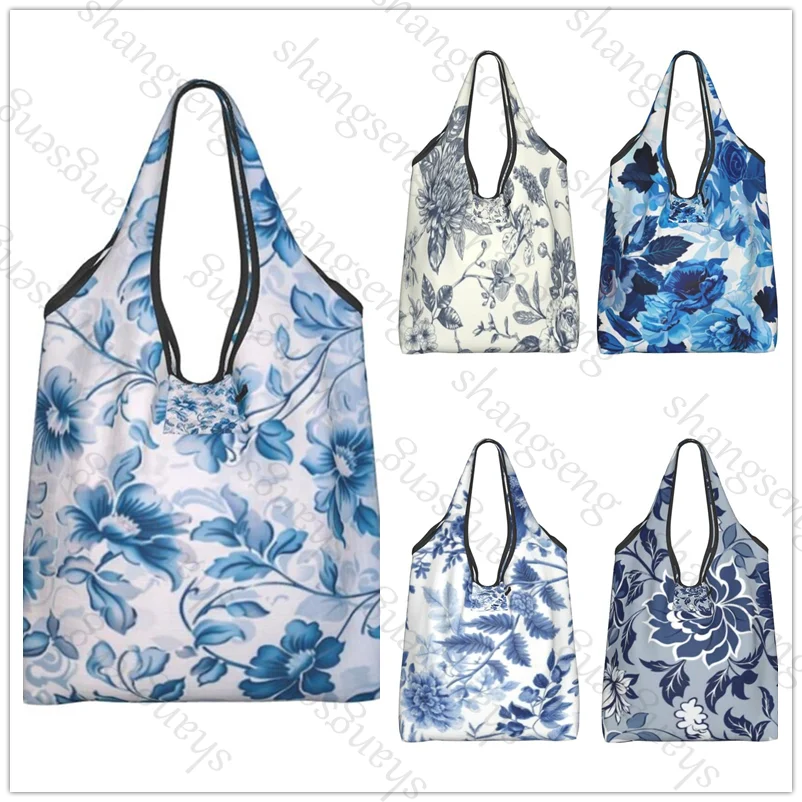 

Retro fashion blue flowers Fashion shopping shoulder tote bag foldable eco-friendly shopping bag large capacity portable handbag