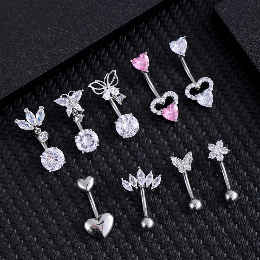 Mixed-Style Crystal CZs Belly Button Piercing Set 3pcs/lot Heart Flower Cake Curved Navel Piercing Ombligo Pack Belly Jewelry