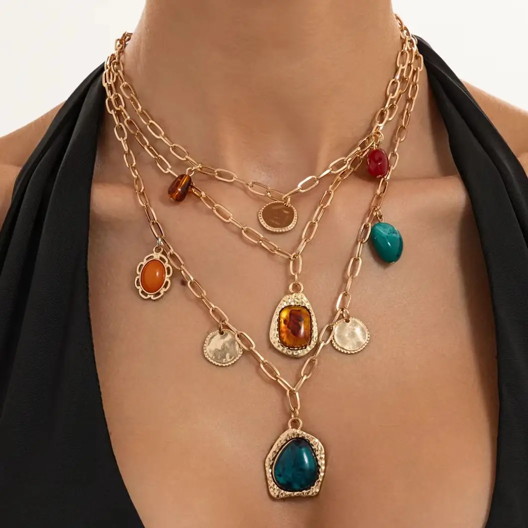 SHIXIN 3Pcs/set Fashion Multi-layer Inlaid Irregular Resin Stones Pendant Necklace Women Boho Metal Clavicle Chain Jewelry Gifts