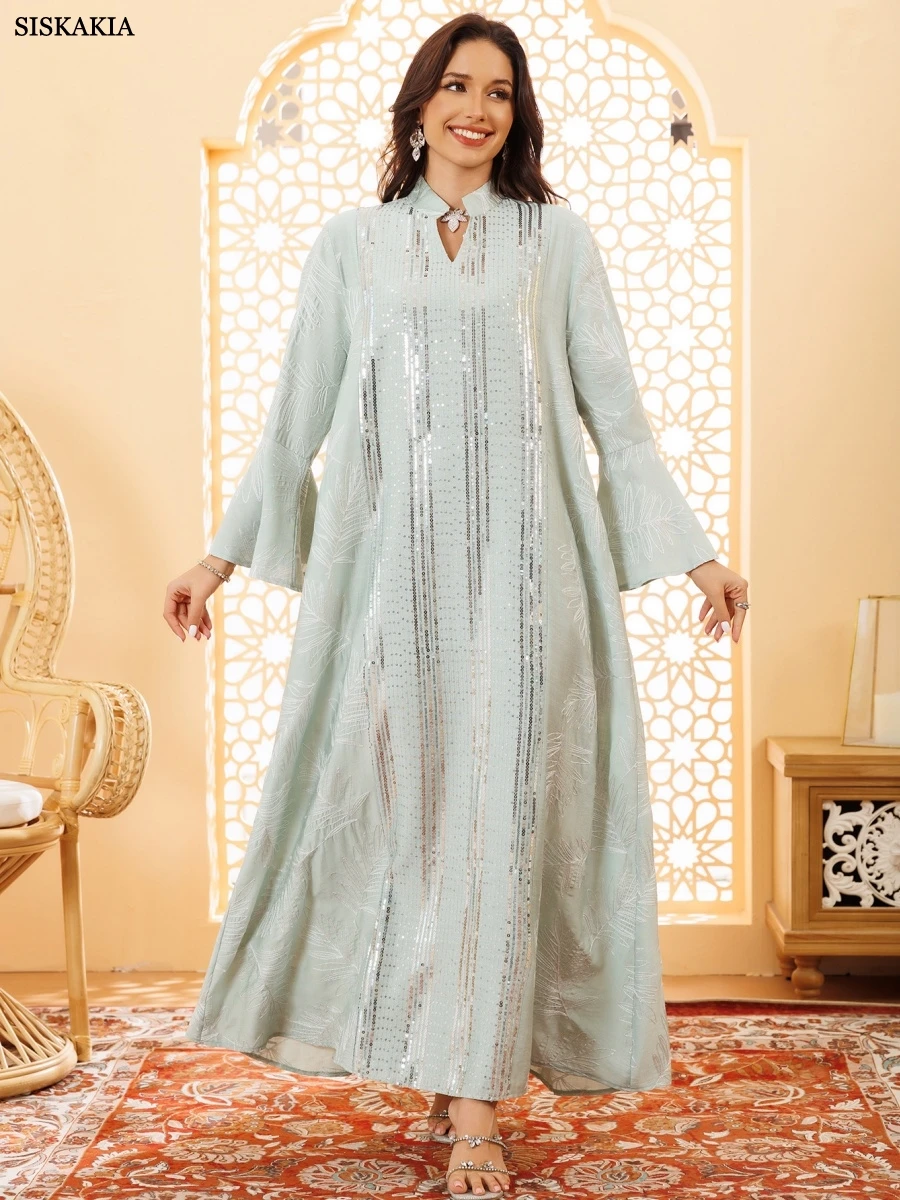 

Siskakia Embroidery & Sequins Muslim Abaya Party Ramadan Flare Sleeve Dress for Women Dubai Saudi Islamic Clothing