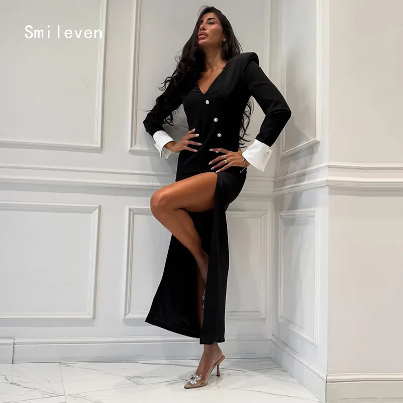 

Smileven Side Silt Black فساتين سهرة Mermaid Prom Dress Button Party Gowns Full Sleeve Occassion Dress Customized 20