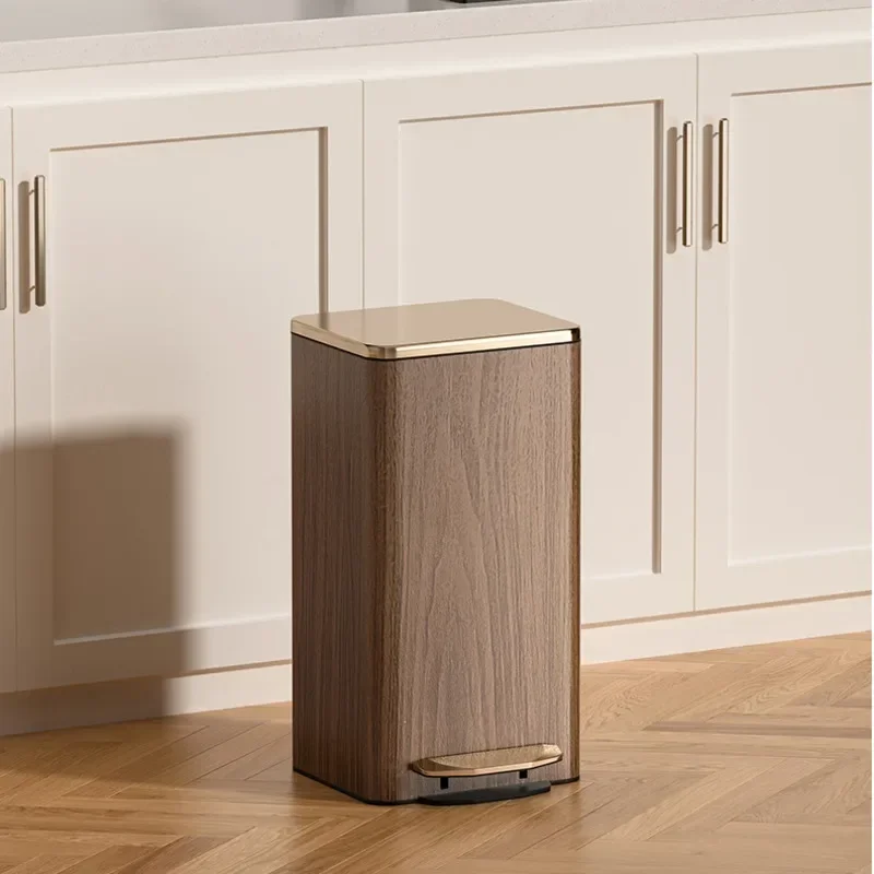 Stainless Steel Foot Trash Bin Wood Grain Light Luxury Garbage Tin Bathroom Simple Living Room Bedroom Waste Disposer