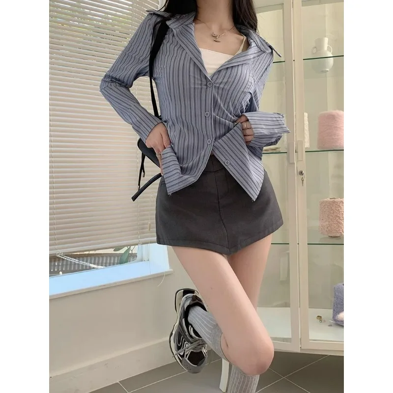 Blue Striped Long-sleeved Shirt Spring Autumn Design Slim Waist Top