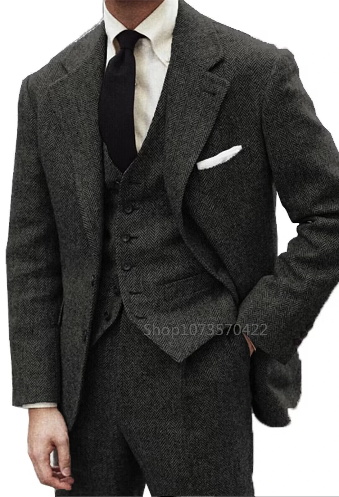 Gray Herringbone Wool Tweed Winter Men Suit\'s For Wedding Formal Groom Tuxedo Male Fashion 3 Piece Suit (Jacket + Vest + Pants)