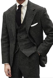 Gray Herringbone Wool Tweed Winter Men Suit's For Wedding Formal Groom Tuxedo Male Fashion 3 Piece Suit (Jacket + Vest + Pants)