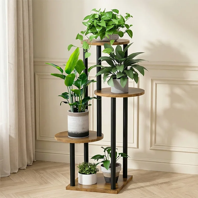 Wrought iron multi-layer flower stand, living room balcony floor-to-ceiling rack, round flower pot rack, green dill succulent