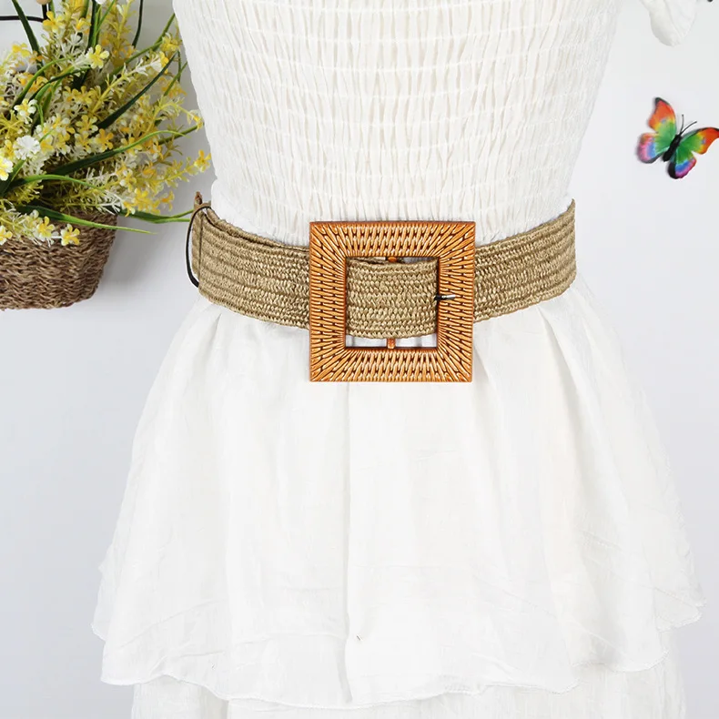 

New Korean Version Cotton and Linen Wind PP Grass Woven Belt Women's Square Buckle Dress Long Shirt Decorative Belt