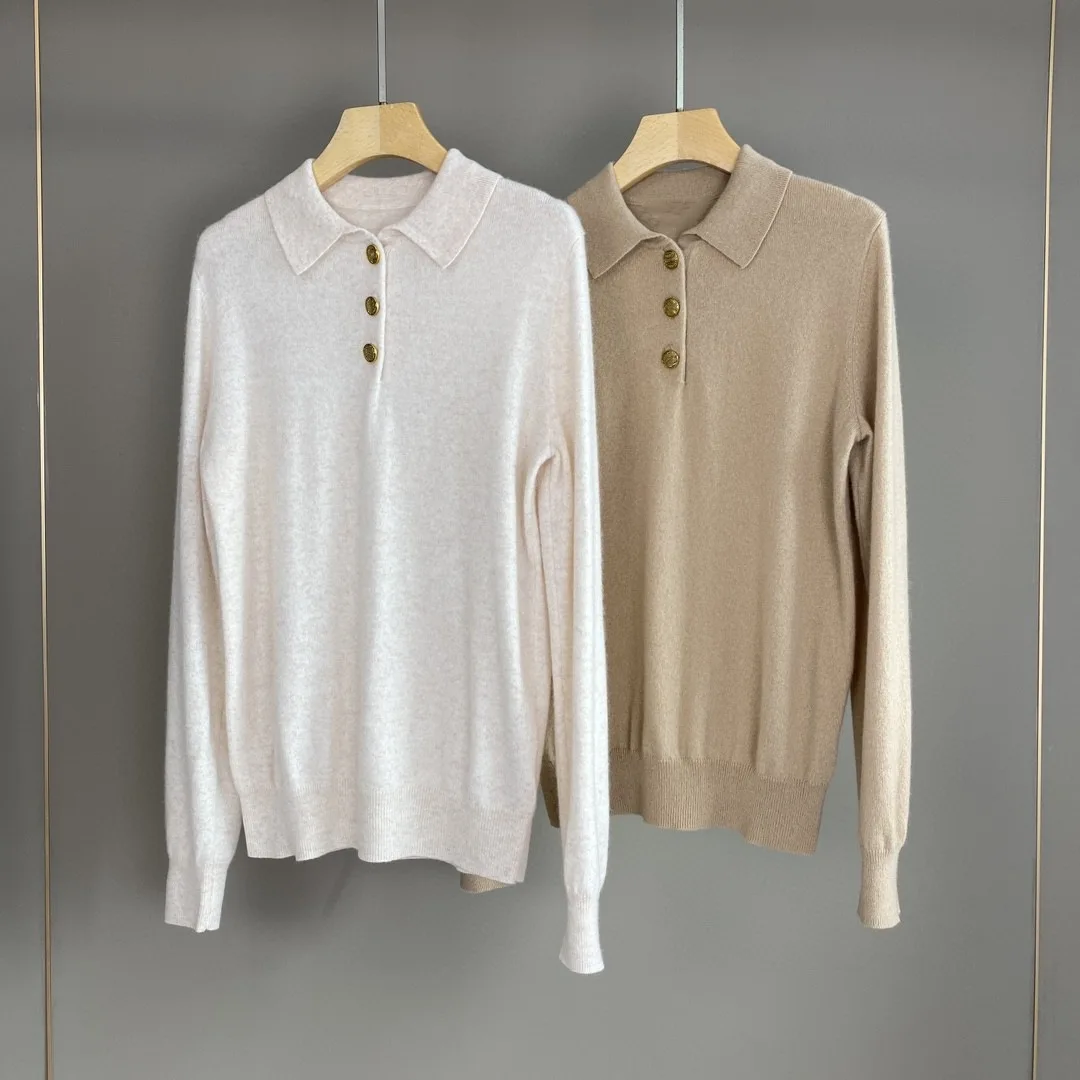 Autumn Women's Cashmere Sweater Metal Buttons Turn-down Collar Long Sleeve Casual Ladies Knitted Pullover