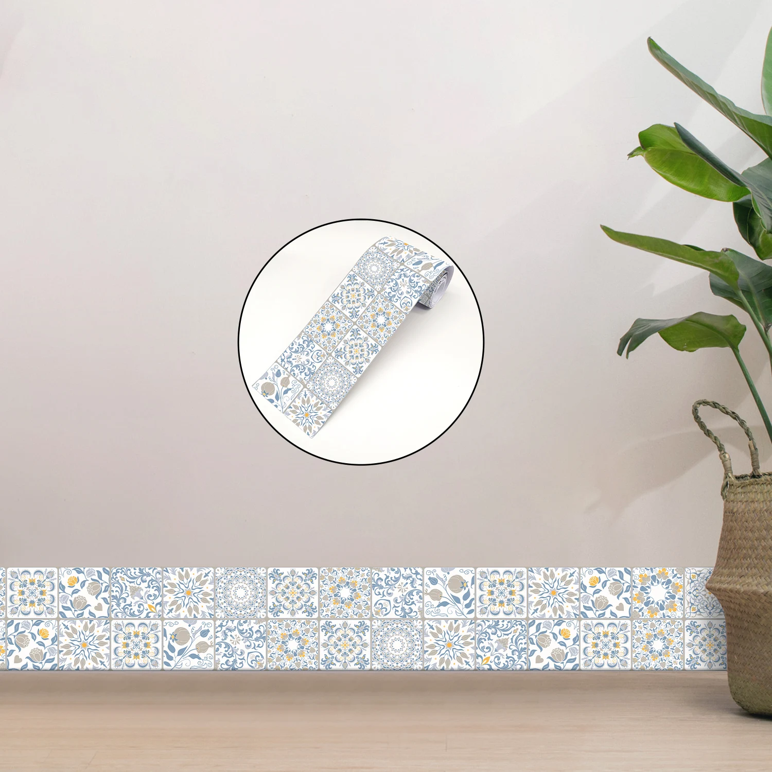 Blue& White & Yellow Tiles Wall Sticker Bathroom Kitchen Backsplash Decorative Waistline Skirting Strip Peel & Stick Wall Decals