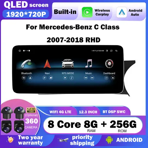 메르세데스 벤츠 C 클래스 W204 2007-2018용 안드로이드 오토 카플레이 RHD QLED 12.3인치 카 라디오 스테레오 4G GPS 네비게이션 비디오