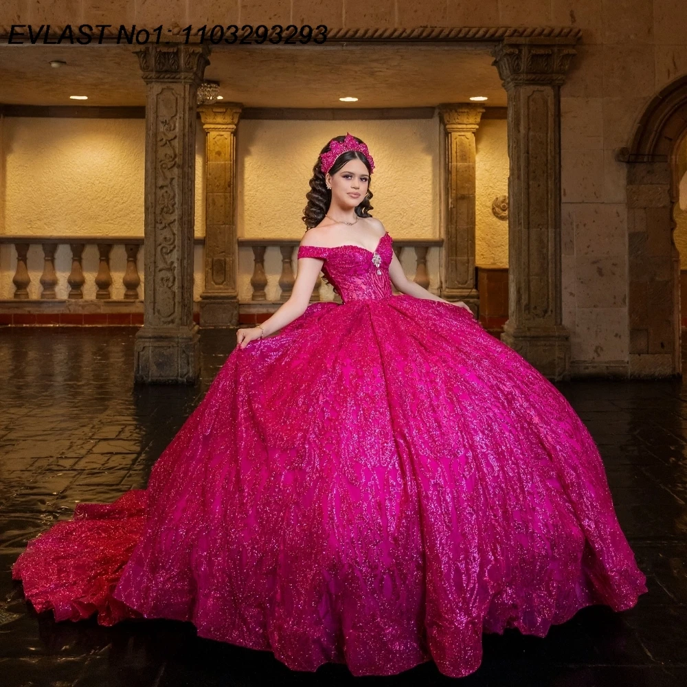 فستان Quinceanera أرجواني مكسيكي مخصص من EVLAST فستان حفلة لامع مزين بالخرز مشد حلو 16 فيستدو دي 15 أنوس E1Q132