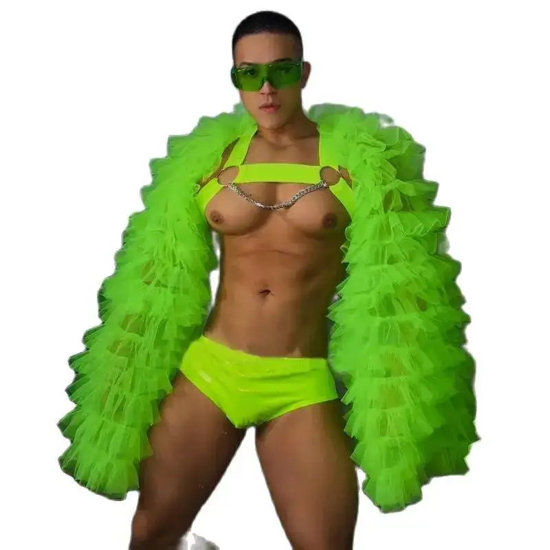 Bar Nightclub DS DJ Gogo Dancer Costume Men Fluorescent Green Fluffy Sleeves Coat Shorts Stage Sexy Pole Dance Outfit view 5