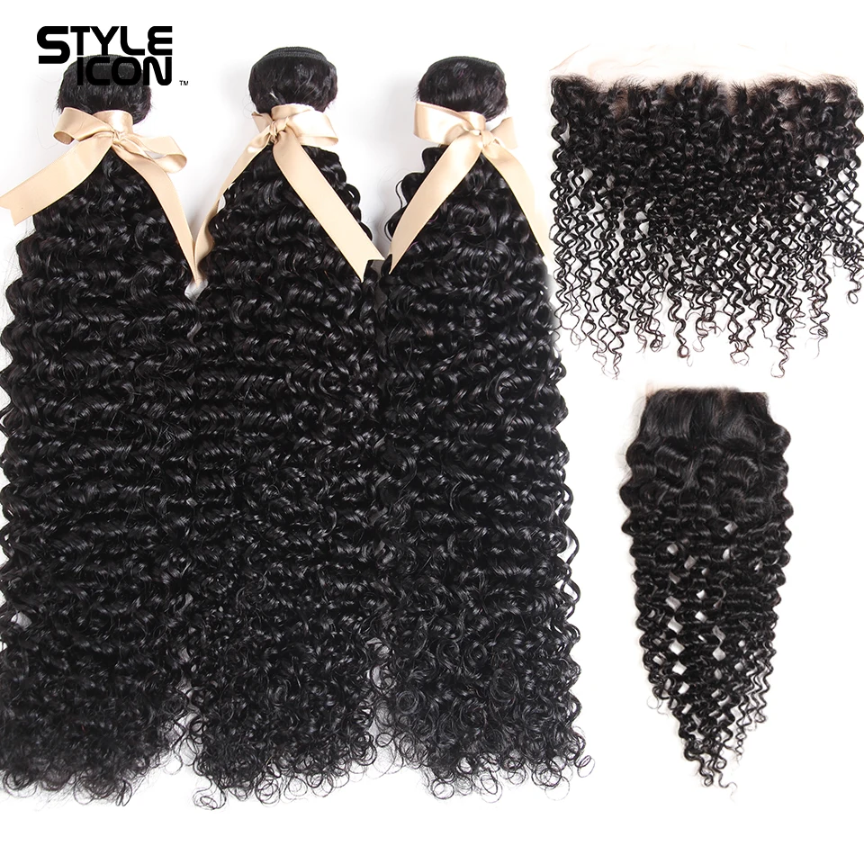 

30 32 34 Kinky Curly Bundles With Frontal Closure Remy Curly Human Hair Bundles With Closure Brazilian 100% Human Hair Weaving