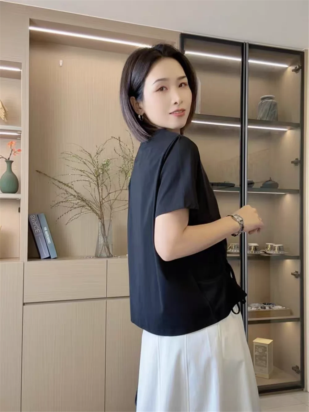 Casual round Neck Short Sleeve T-Shirt Women's Summer New Loose Versatile Drawstring Asymmetrical Two-Piece Look Top