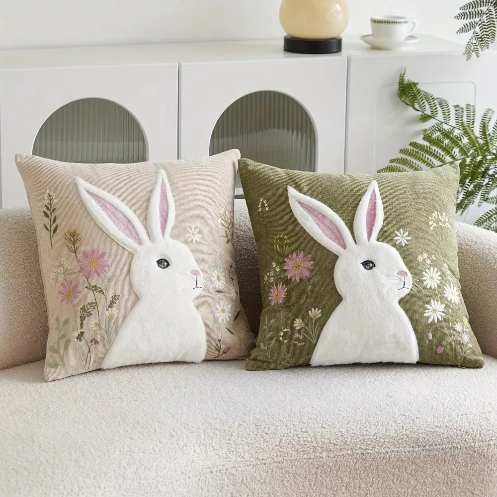 1 Stück 3D Hasen-Blumen-Kissenbezug Doppelseitig 2D-Druck Niedlicher Stilvoller Kissenbezug für Wohnzimmer Schlafzimmer Sofa Frühlings-Deko Geschenk