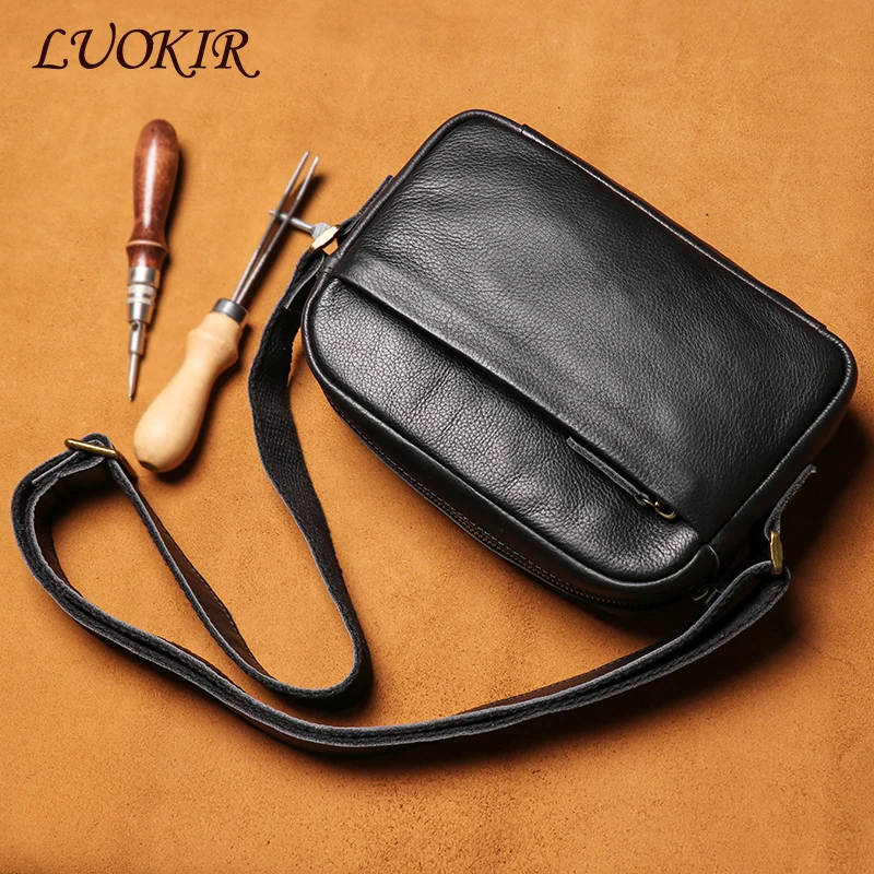 

LUOKIR Men's Genuine Leather Crossbody Bag Casual Shoulder Bag Simple First Layer Cowhide Small Bags For 8 Inch iPad