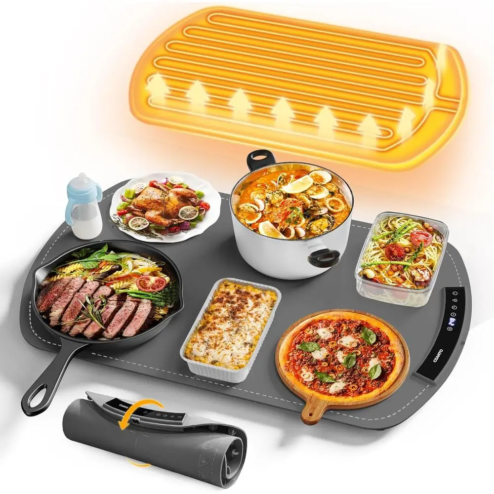 

ood Warming Mat, Electric Warming Tray or Buets & Parties, Silicone Heating Mat or ood with 9 Temperature Settings, Roll-Up Stor