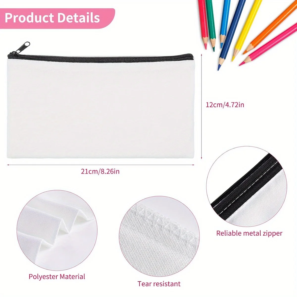 10-Pack Sublimation Blank White Canvas Makeup & Pen Pouches,Versatile Travel Toiletry Polyester Bags for DIY Crafting