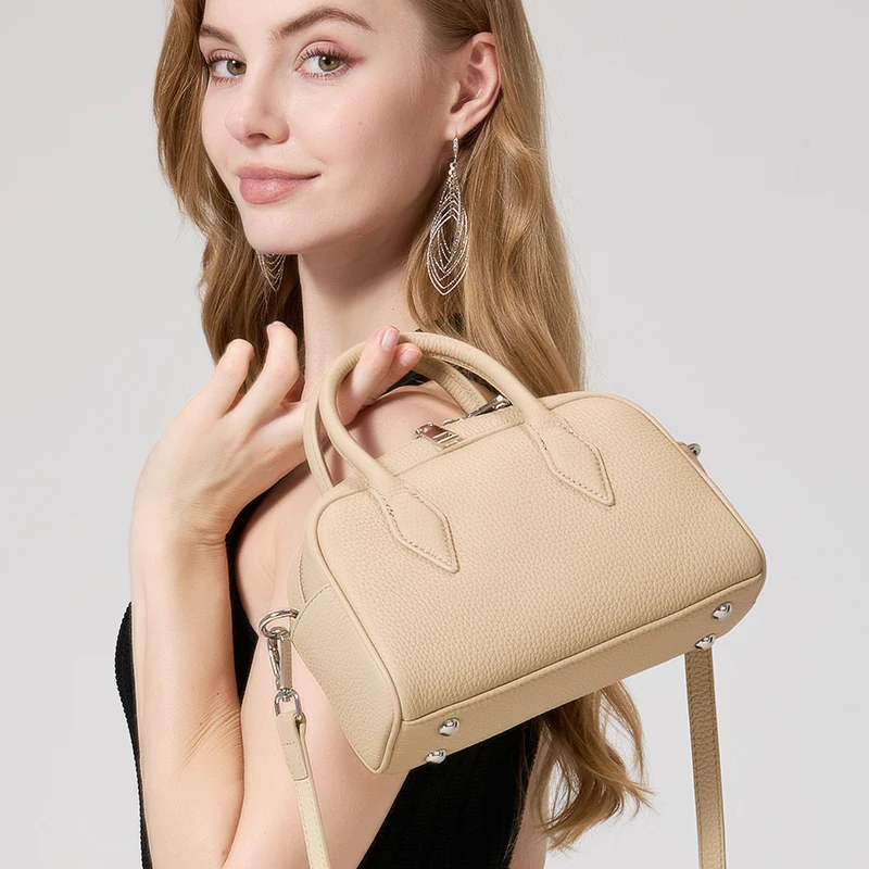 New Women's Genuine Cowhide Leather Mini Boston Handbag Luxury Designer Pebbled Leather Top Handle Crossbody Shoulder Bag