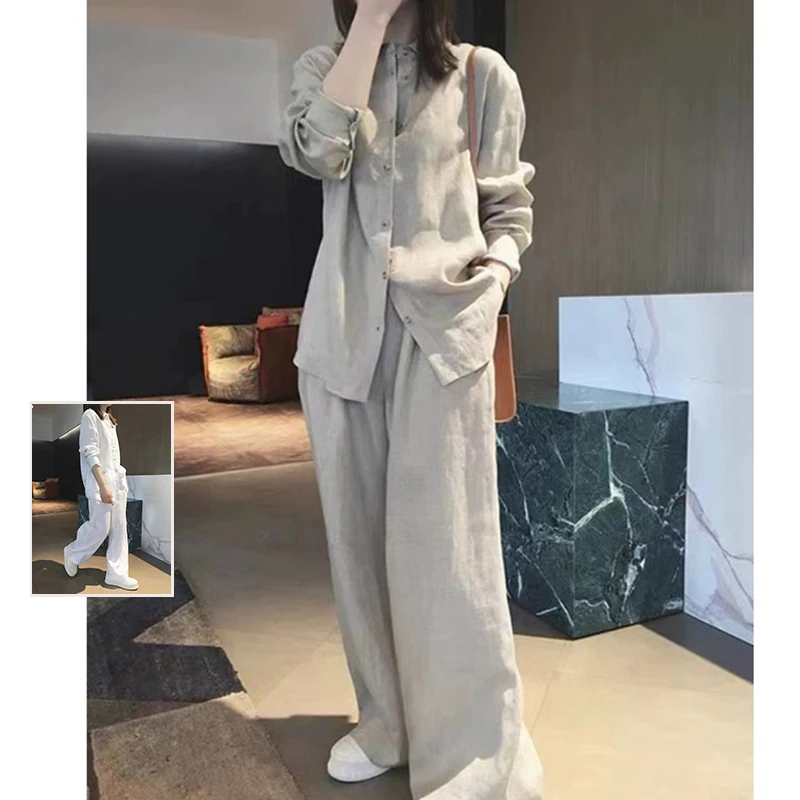 Elegant Pure Color Cotton Linen Fashion Set Women Early Spring Collared Long Sleeve Shirt Wide Leg Pants Casual Two Piece Set