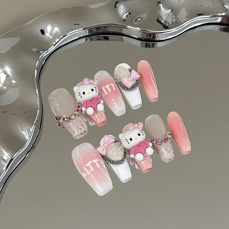 10 Stuks Handgemaakte Pers Op Nagels Roze Hellokitty Charme Liefdesboog Versierd Nep Nagel Patch Afgewerkte Vingernagels Tips Manicure Kunst