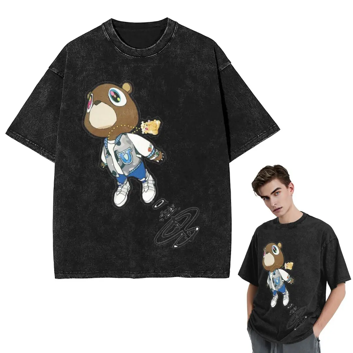 

Streetwear T-Shirts Kanye West Dropout Bear Chicago Vintage Graduation Washed T Shirt Short Sleeve Hip Hop T-Shirt Tops Tees
