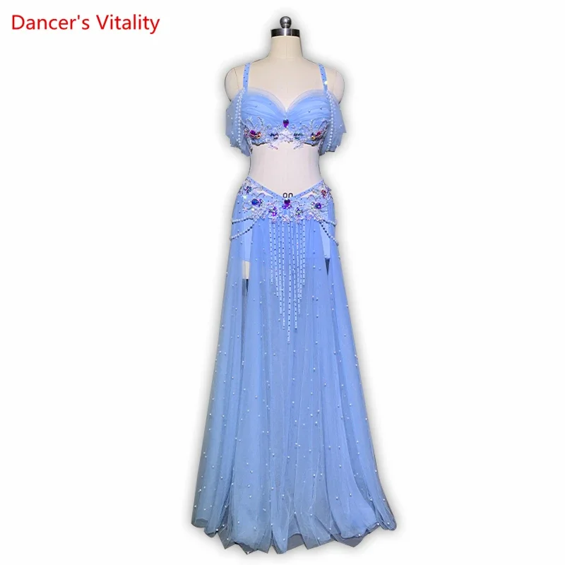 Belly Dance Performance Set for Women Original Team Competition Suit Pearl Bra+long Skirt 2pcs  Customized Belly Dancing Wear