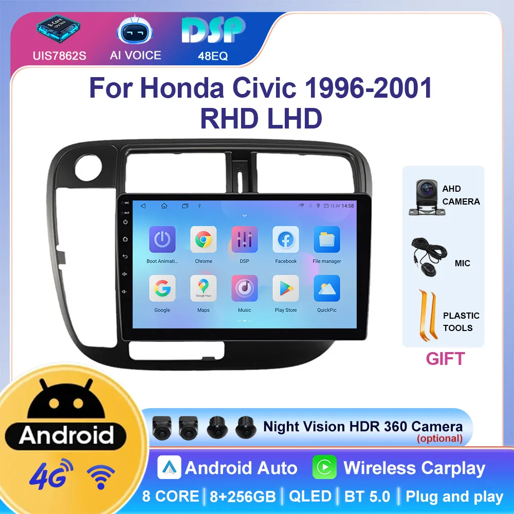 

9 Inch 2 Din WIFI 4G DSP GPS Android Carplay Car Stereo Touch Screen Radio Car Video Player For Honda Civic 1996~2001 RHD LHD