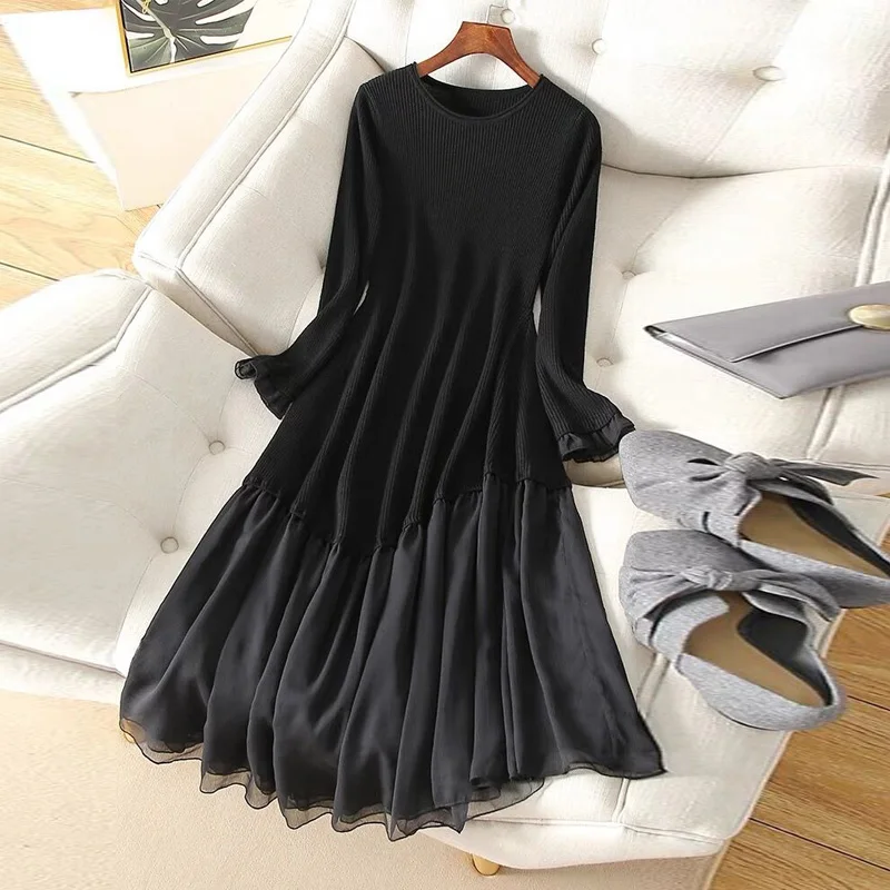 Vendita calda donne nero Patchwork vestito in maglia per la primavera autunno 2023 nuova moda o-collo sottile femminile lungo fondo maglione abiti