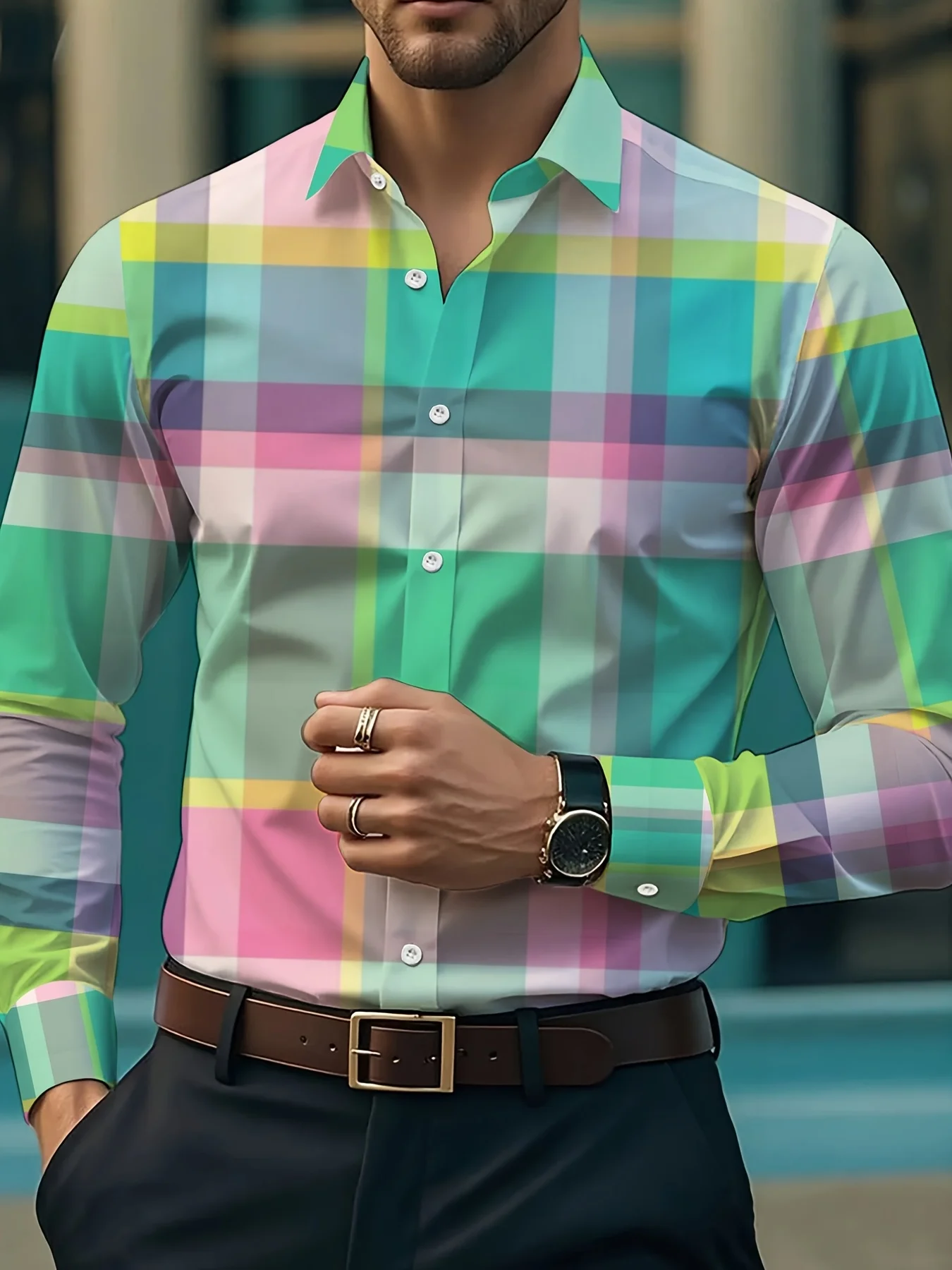 Trendy Men Button‑Up Shirt Fresh Colorful Plaid Check Grid Art Print Polyester Dating Street Party