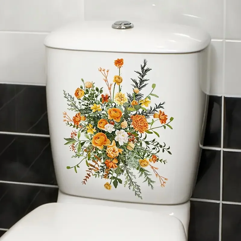 Yellow Flower Clusters Pattern Self-Adhesive Toilet Stickers,Wall Decal Removable, Reusable Vinyl Car Sticker for Toilet Lid