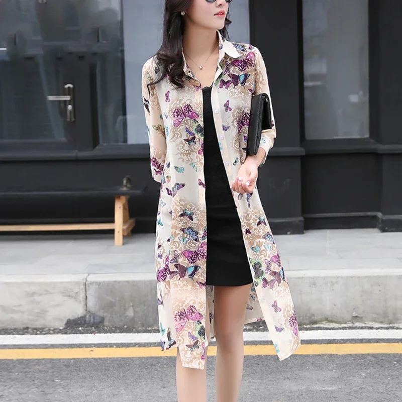 Summer Sun Protection Women Long Blouses Super Thin Floral Chiffon Cardigan Half Sleeve Loose Flower Print Blouse Shirts 4152 50