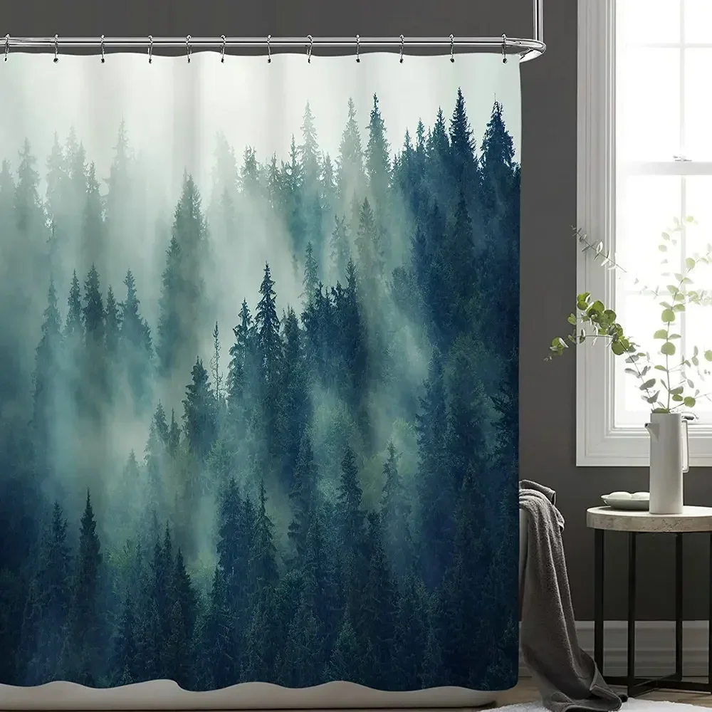 Forest Shower Curtain Foggy Rainforest Pine Trees Dark Green Nature Landscape Scenery Fabric Waterproof Bathroom Home Decor Set