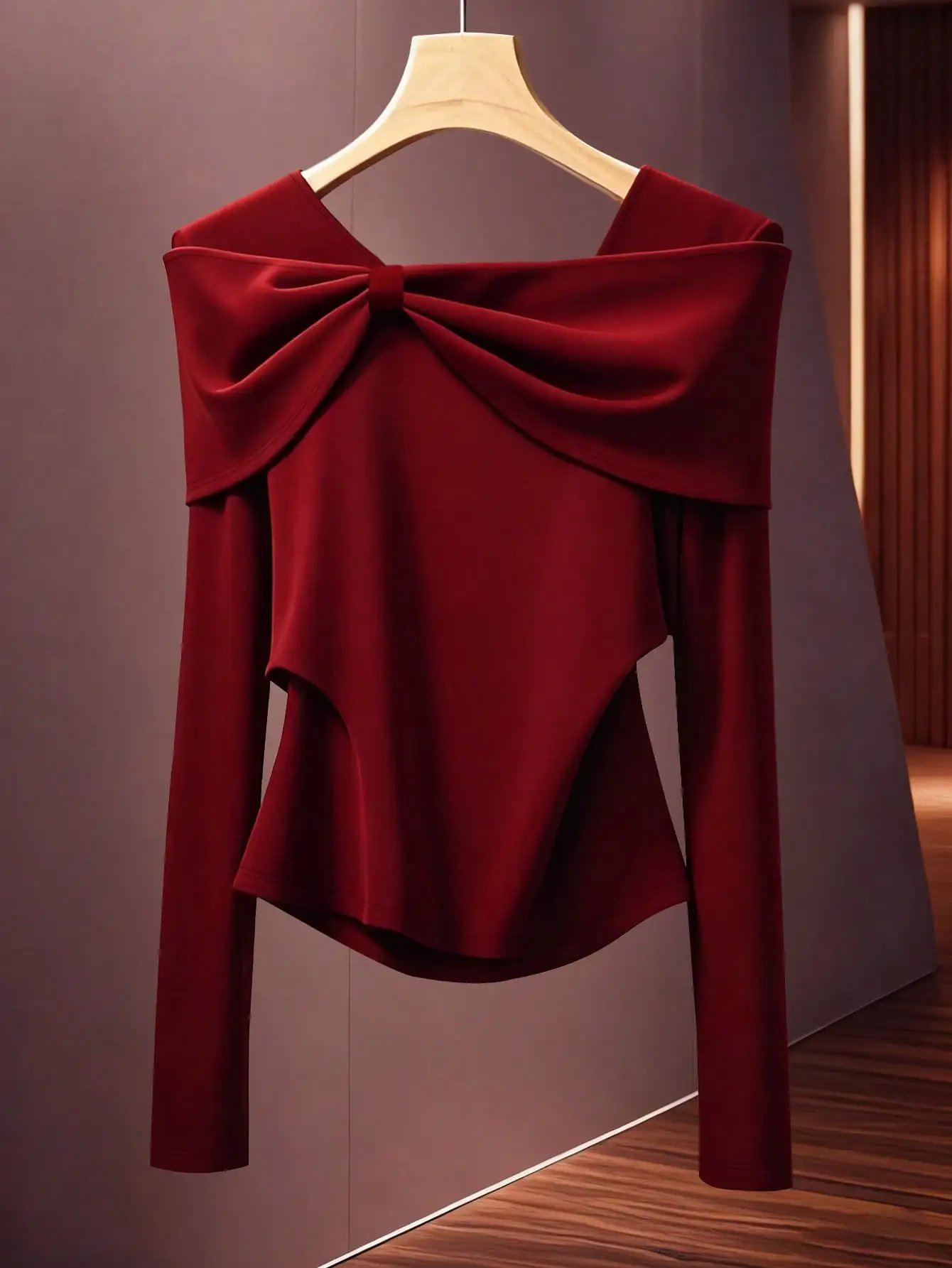 

Women's Red Off-Shoulder Long Sleeve Top with Front Bowknot Detail