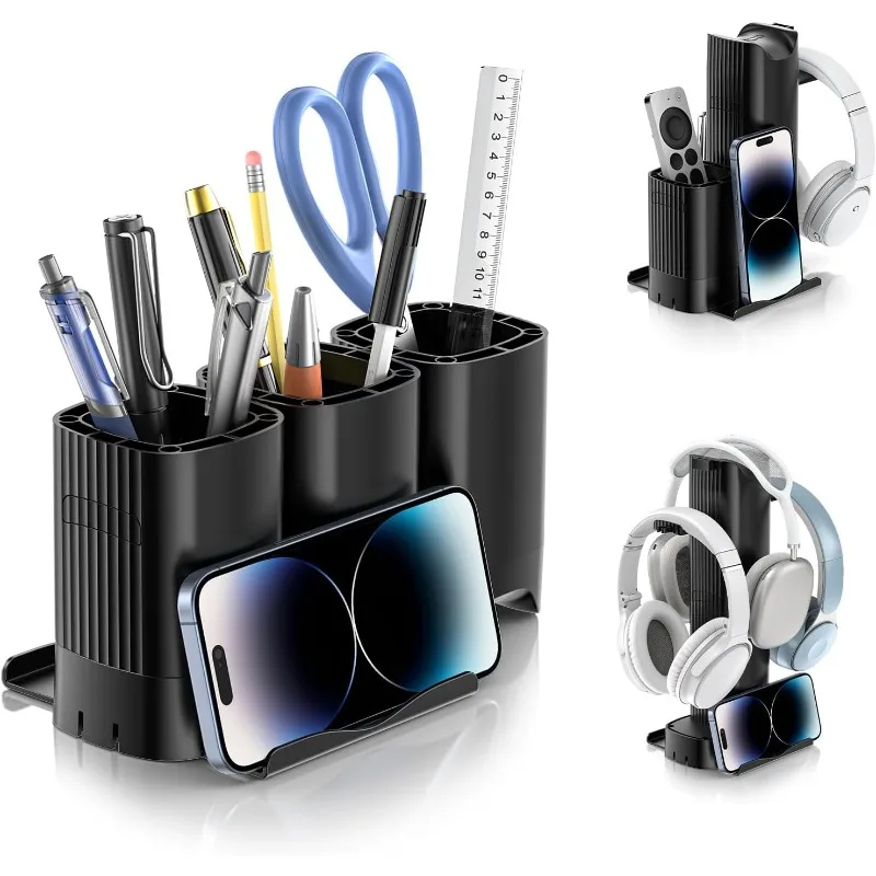 Pen holder with headphone hanger, detachable DIY functional desk organizer set