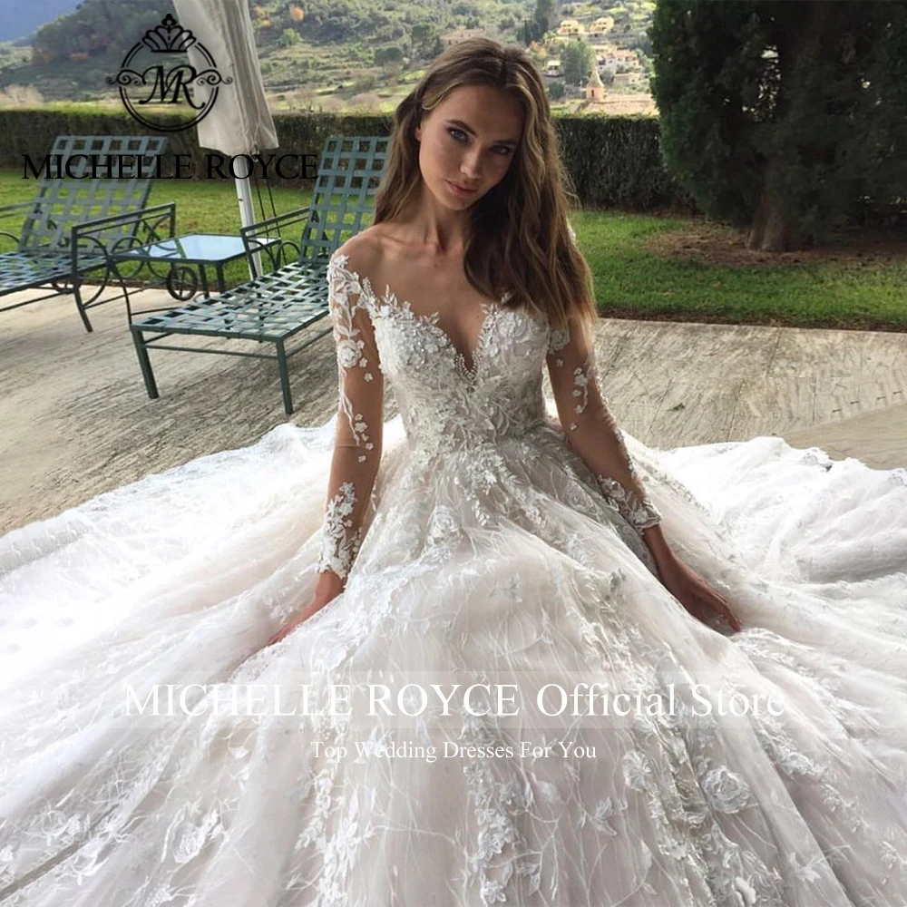 Michelle Royce A-Line V-neck Wedding Dresses For Women Sexy Illusion Appliques Sequined Exquisite Wedding Gown Vestido De Noiva