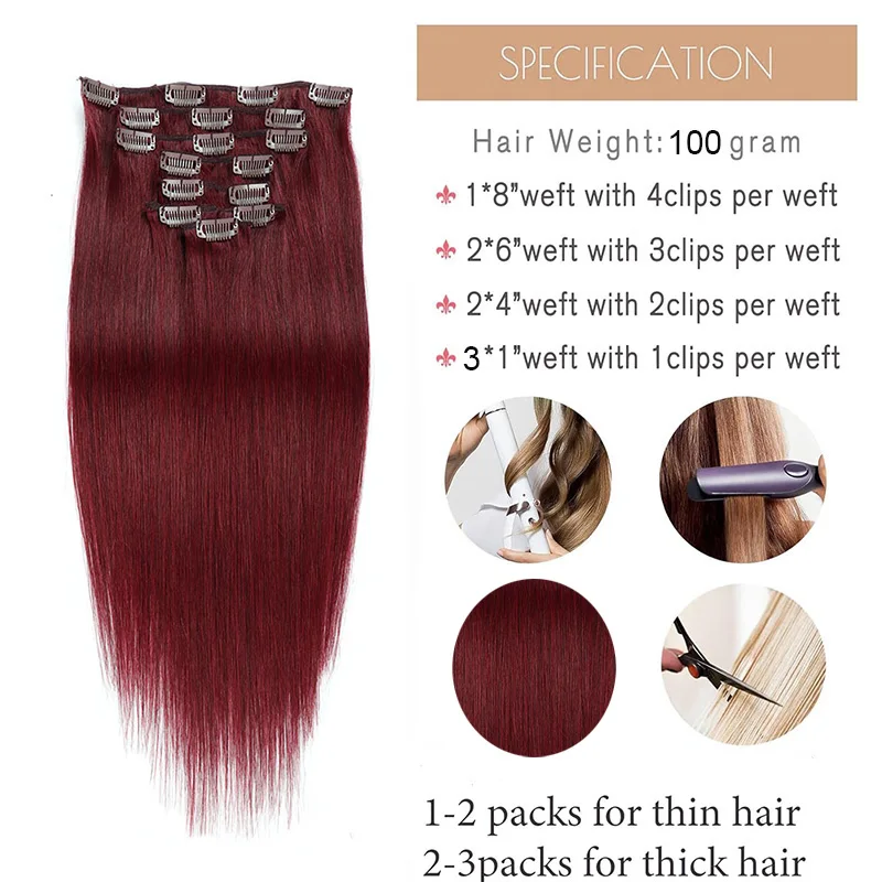 Extensiones de Cabello con Clip, cabello humano con 17Clips, doble trama, recto, rojo vino, 99j, 8 unidades por juego