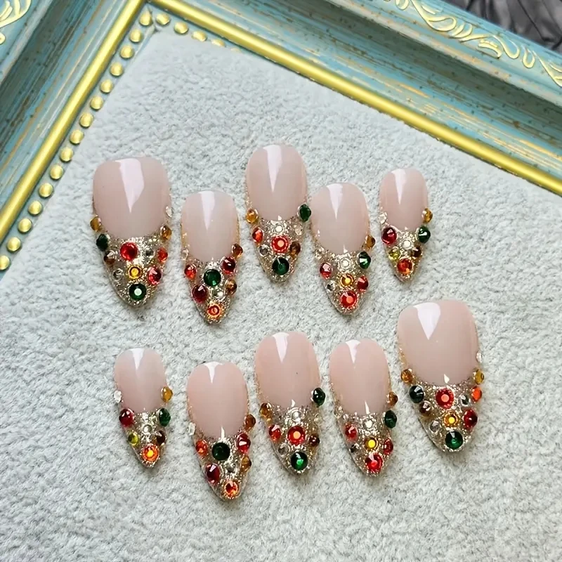 10pcs high-end Light luxury short noble full drill French handmade fake nails, Color diamond short Lady French short