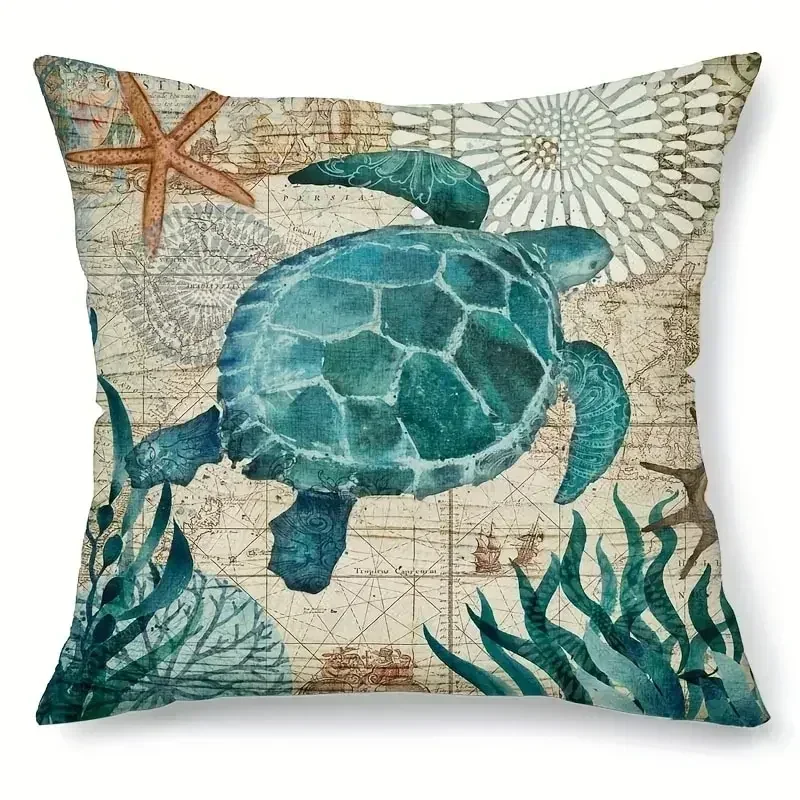 45*45cm Ocean Pillow Cover Linen Pillow Seahorse Whale Starfish Square Cushion Cover Home Sofa Decoration Decorative Pillows