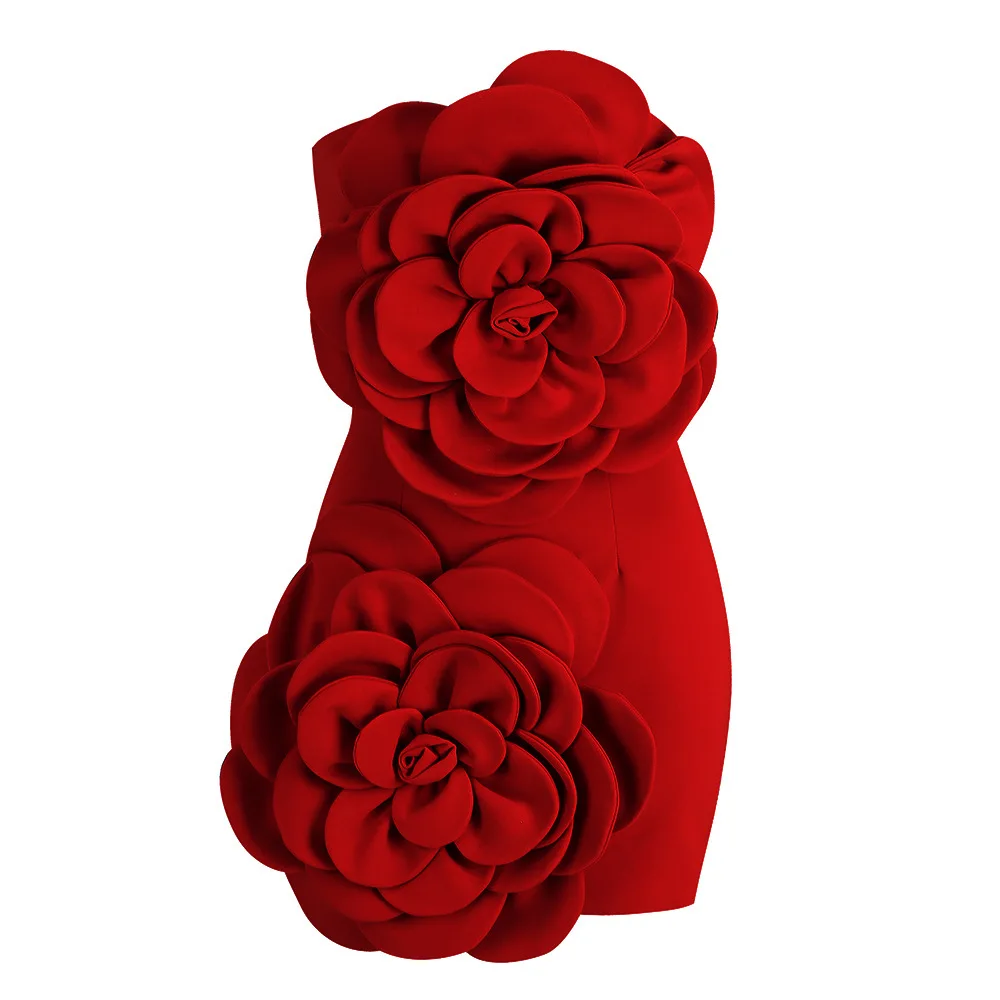 High end celebrity style photography banquet fashion show party dress 3D flower sexy nightclub hip hugging dress