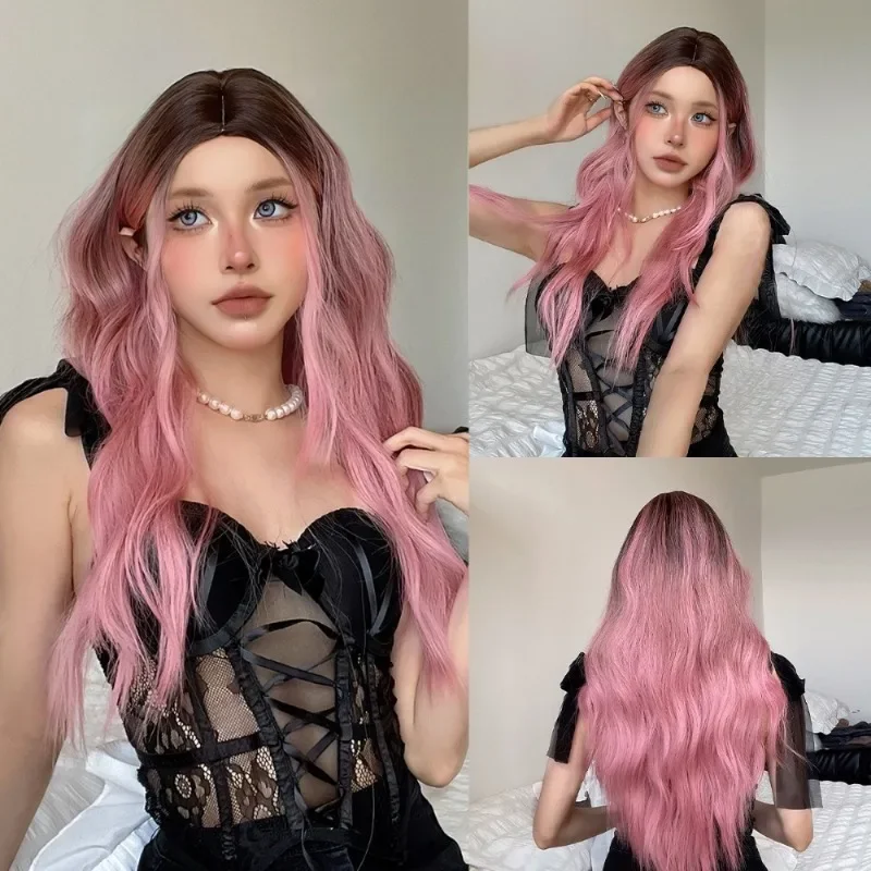 

Woman wigs Pink Ombre Natural Hair Wigs for Women Long Wavy With brown Roots Synthetic Wig for Women Heat Resistant Coaplay Wig