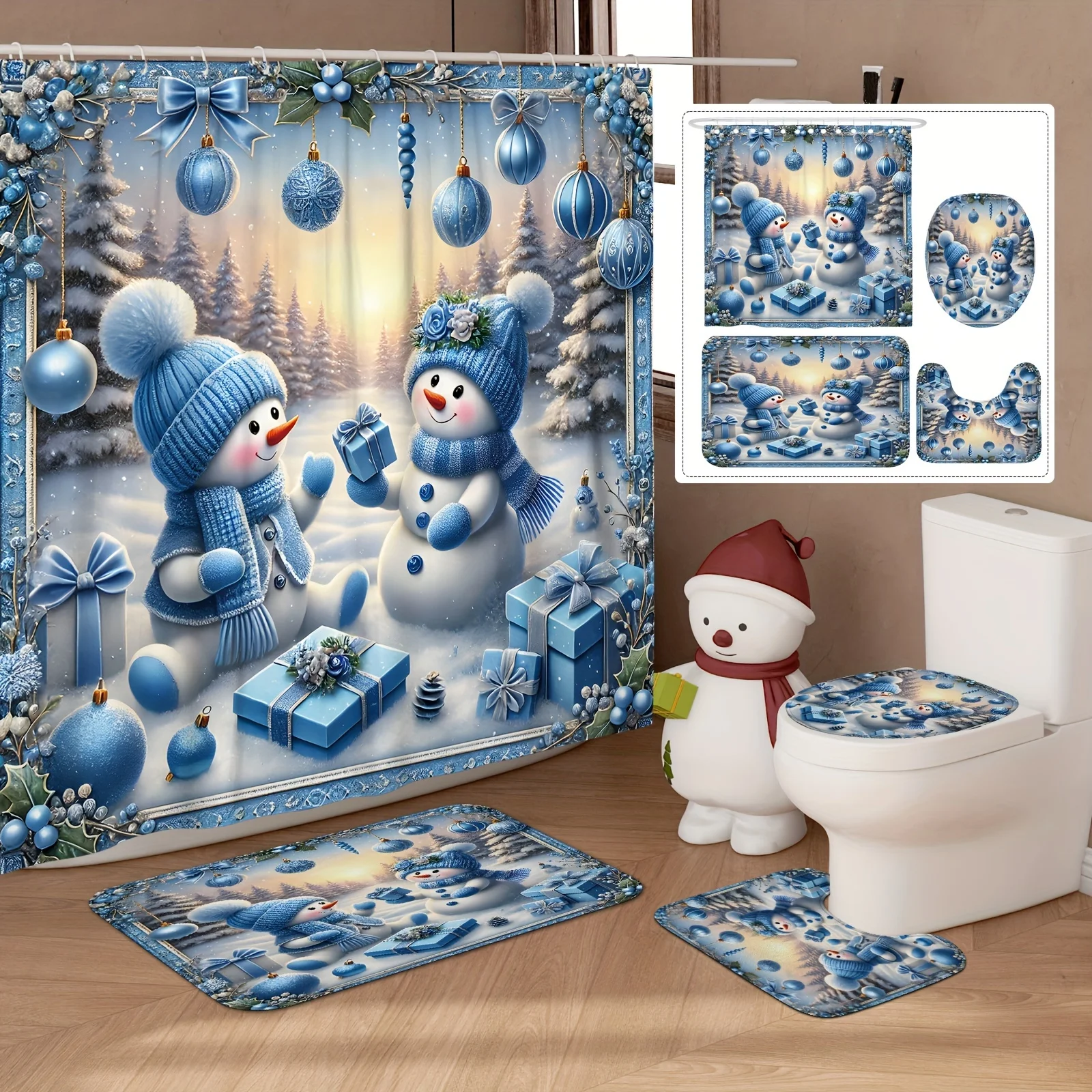 

4PCS Christmas Winter Shower Set, Snowman & Ornament Gift Blue Print, 12 Hooks, Non-Slip Mat, U-Seat Cover, Holiday Decor