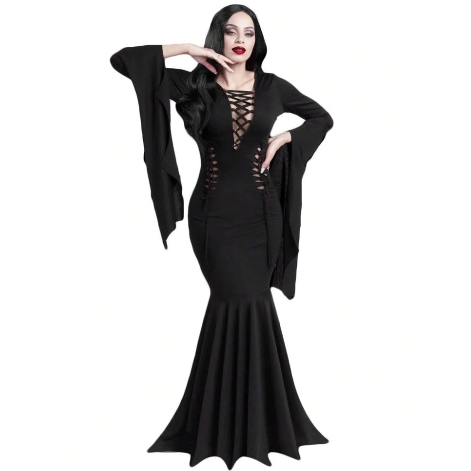 

Gothic Vintage Dress Halloween Women V Neck Patchwork Hollow Out Flare Sleeves Halloween Cosplay Long Party Dress