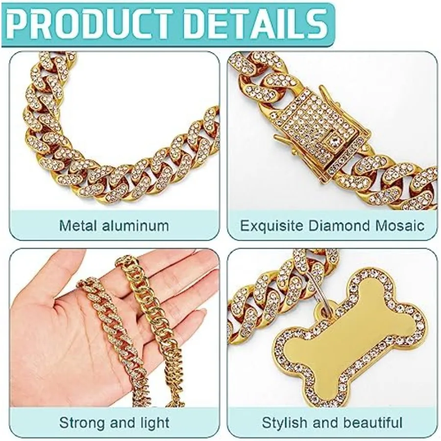 سلسلة الكلب طوق الماس الذهبي مع علامات مجوهرات معرف الحيوانات الأليفة أحجار الراين الفولاذ المقاوم للصدأ ربط معدني طوق المشي سلسلة قلادة f #4